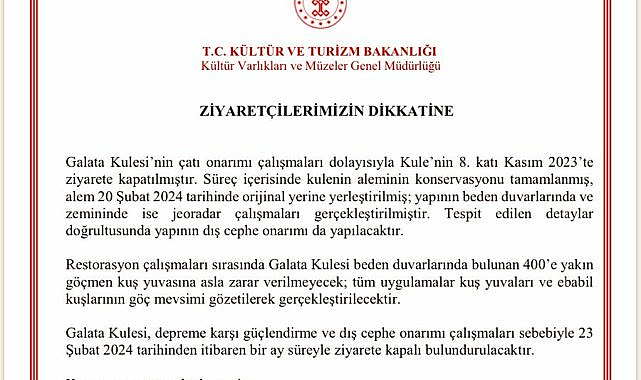GALATA KULESİ BİR AY ZİYARETE KAPATILACAK
