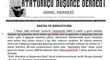 Atatürkçü Düşünce Derneği'nden 1 Mayıs İşçi Bayramı Mesajı