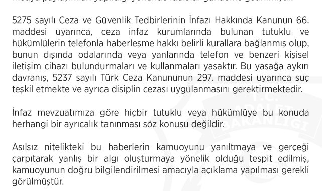 Ceza ve Tevfikevleri Genel Müdürlüğü: "Tutukluların cep telefonu bulundurduğu iddiası asılsızdır"