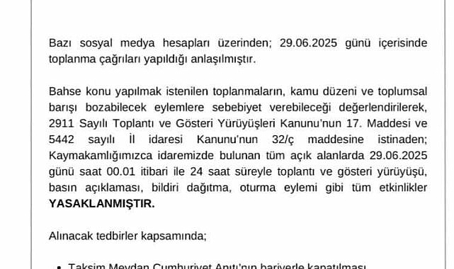 Beyoğlu Kaymakamlığı, bu geceden itibaren ilçede tüm etkinliklerin yasaklandığını duyurdu