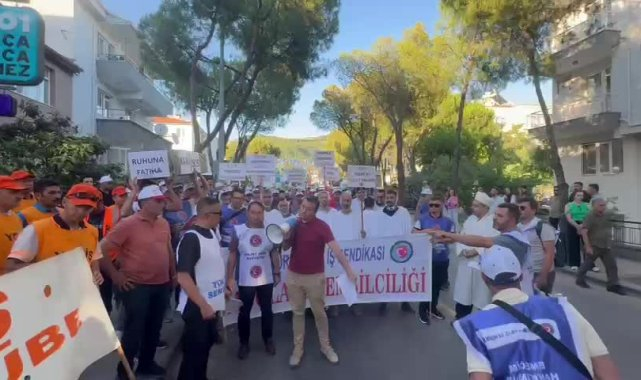 AK Parti Muğla İl Başkanlığı önünde işçilerden tabut ve imamla eylem