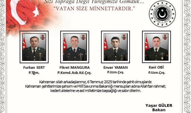 MSB, metan gazından etkilenerek şehit olan 4 askerin daha kimliğini açıkladı