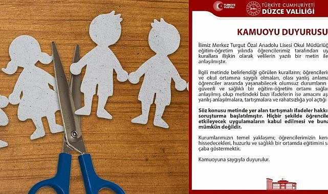 Düzce'de bir okulun yayımladığı 18 maddelik kurallar listesi hakkında soruşturma başlatıldı