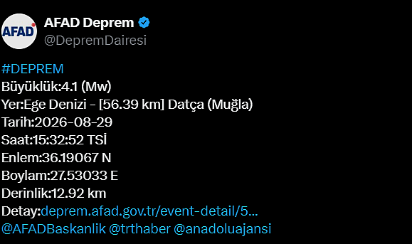 AFAD: Ege Denizi'nde 4,1 büyüklüğünde deprem meydana geldi